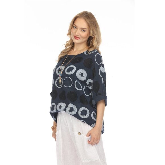 Navy Circular Patterned Boat Neck Top - Picture 2 of 3